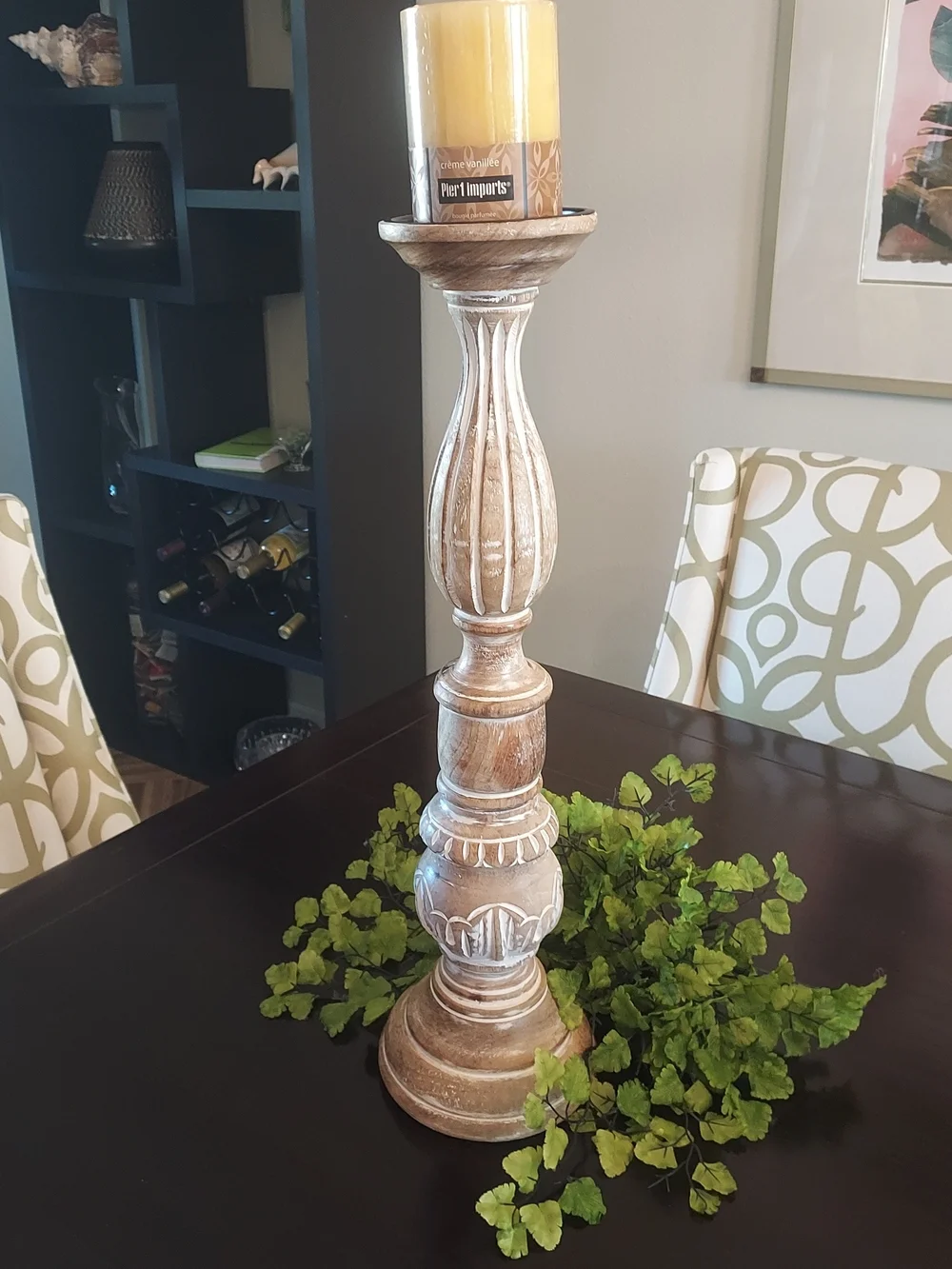 Pier 1 Whitewashed Mango Wood Candlestick: Hand Carved. 21.5
